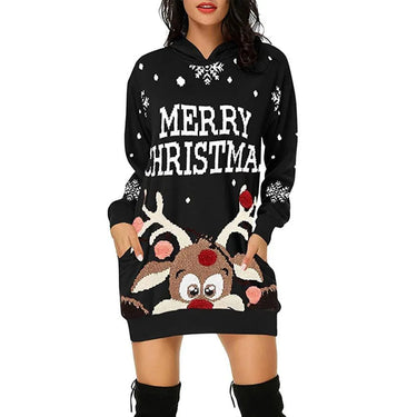 Reindeer Print Christmas Hooded Sweater Dress: A casual everyday dress with Xmas style! from NSE Imports #2.